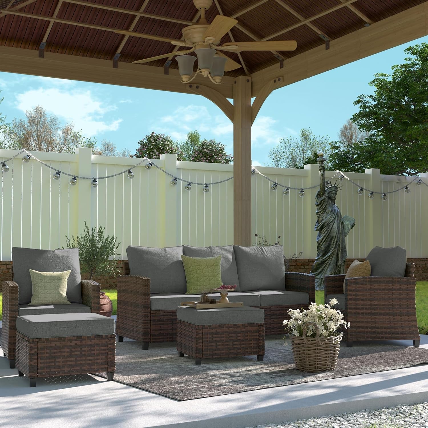 Patio Conversation Set, 5 Pieces Outdoor Furniture Set, All-Weather Wicker Rattan High Back Outdoor Sectional Sofa Set with Ottoman for Poolside, Backyard, Brown Wicker Dark Grey Cushions