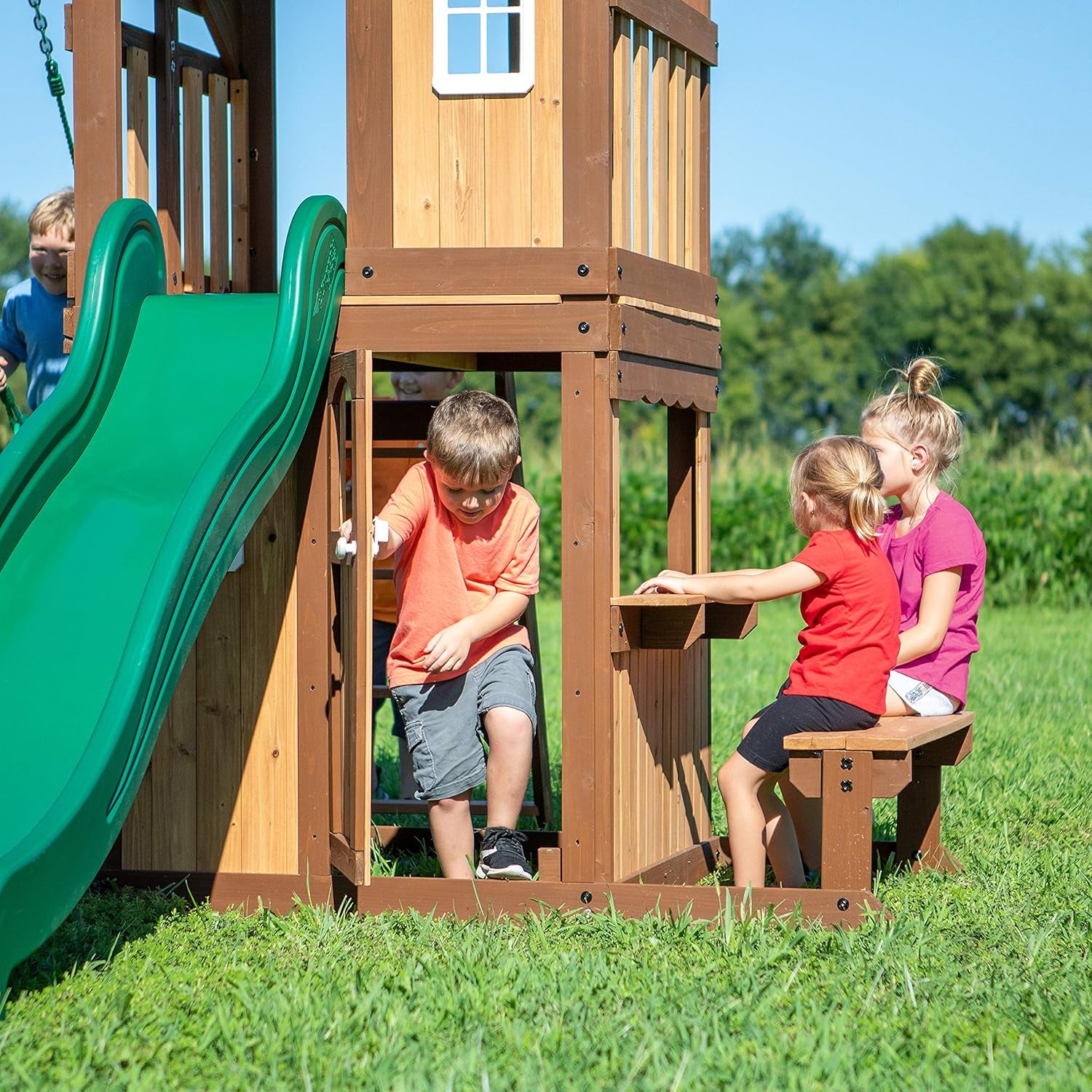 Lakewood Cedar Wood Swing Set with Wave Slide, Clubhouse, Playhouse, Snack Bar Window, Picnic Area, Belt Swings, Trapeze, Full Front Door, Windows, Step Ladder, Outdoor Playset