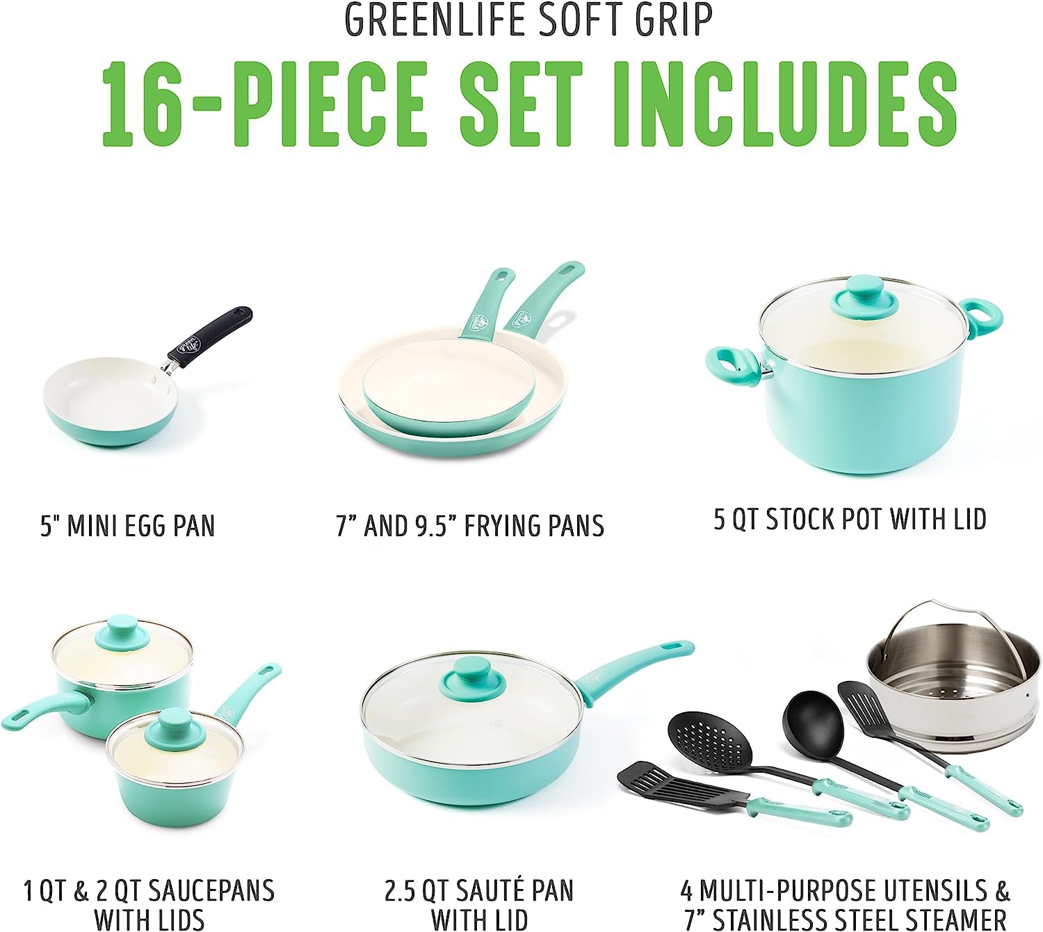 Soft Grip 16 Piece Cookware Set, Non-Toxic Pfas-Free Ceramic Nonstick, Pots, Frying, Sauce, Saute, Glass Lids, Stay-Cool Handles, Wobble Free Bases, Dishwasher & Oven Safe, Turquoise