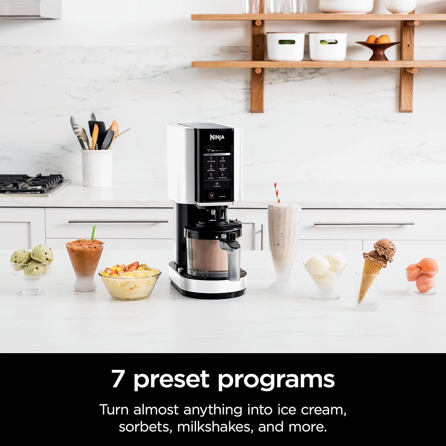 Creami Ice Cream Maker, 7 One-Touch Programs, with (2) Pint Containers & Lids, Compact Size, White (NC301WHBBB)