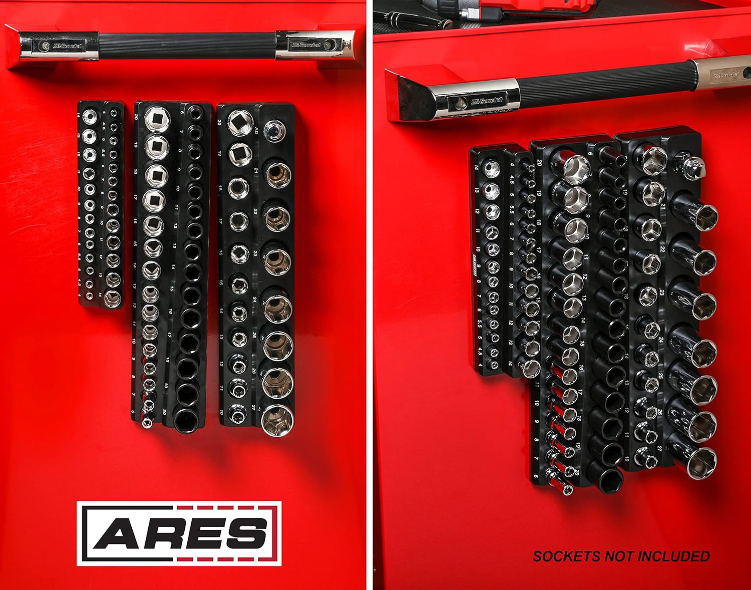 60034-3-Piece Black Metric Magnetic Socket Organizer Set - Includes 1/4-Inch, 3/8-Inch, and 1/2-Inch Socket Holders - Holds Standard Size and Deep Size Sockets - Keeps Your Tool Box Organized