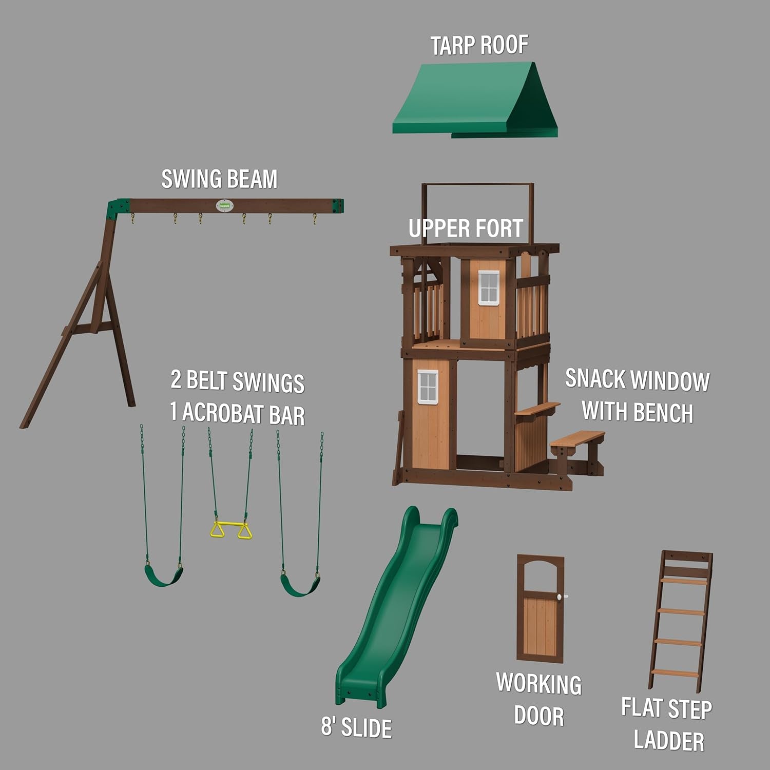 Lakewood Cedar Wood Swing Set with Wave Slide, Clubhouse, Playhouse, Snack Bar Window, Picnic Area, Belt Swings, Trapeze, Full Front Door, Windows, Step Ladder, Outdoor Playset
