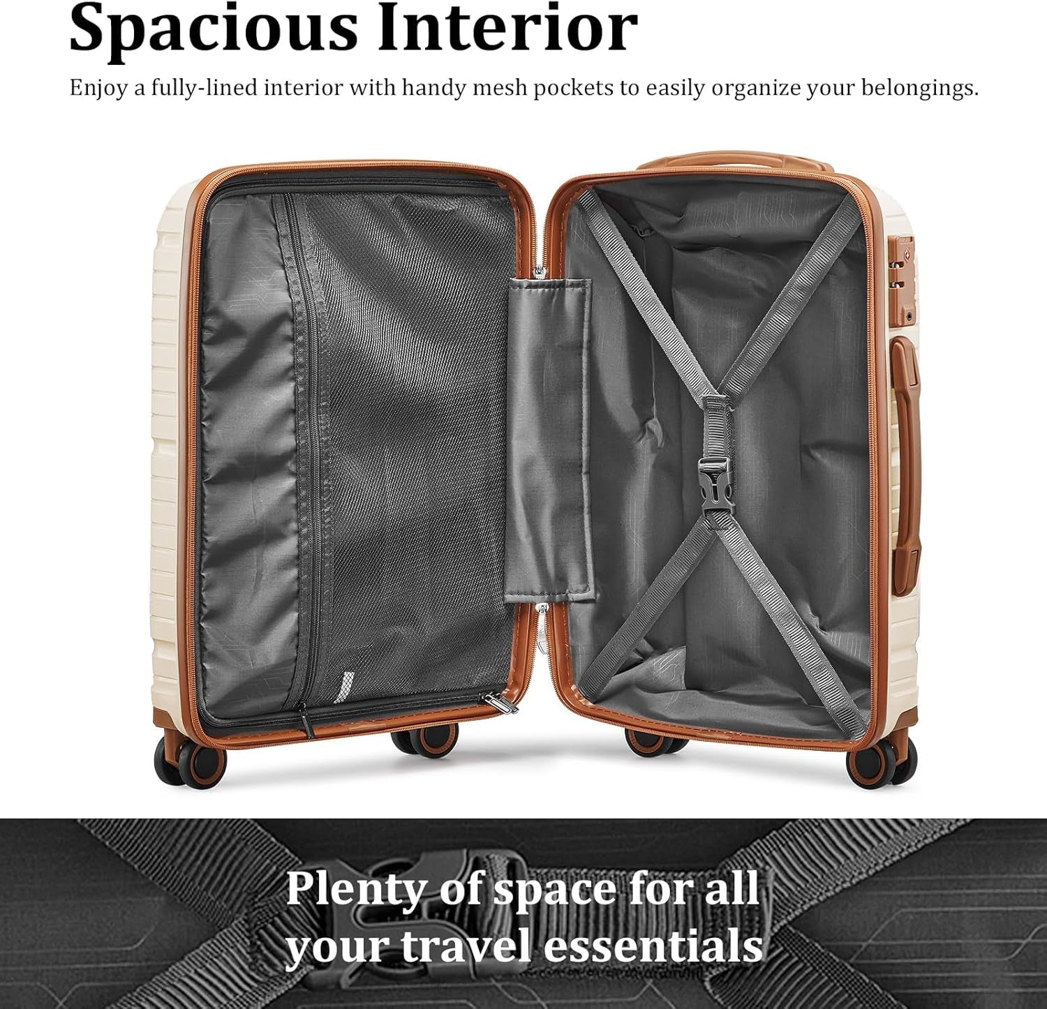 Luggage Sets 5 Piece PP Hardshell Carry on Suitcase, Travel Lightweight Carry-On with Double Spinner Wheels and TSA Lock, Beige Brown
