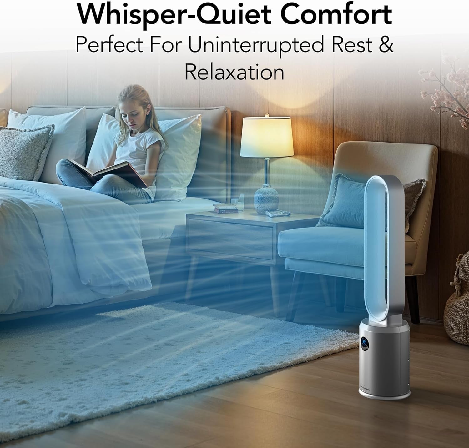 40-Inch Bladeless Tower Fan for Bedroom, 3-Speed Stand Fan with Remote Control, 9-Hour Timer, Wide Oscillation & Digital Push-Button Display – Quiet Home Floor Fan, Silver
