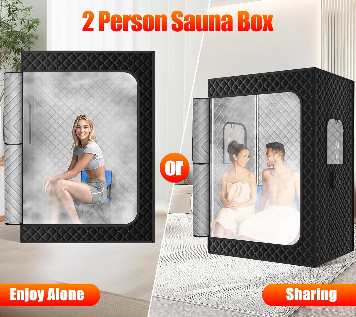 2 Person Sauna, Extra Large Sauna Box, Portable Steam Sauna Tent with 2 Steamers, 2 Folding Chair, 71”X 49”X 36”, Black
