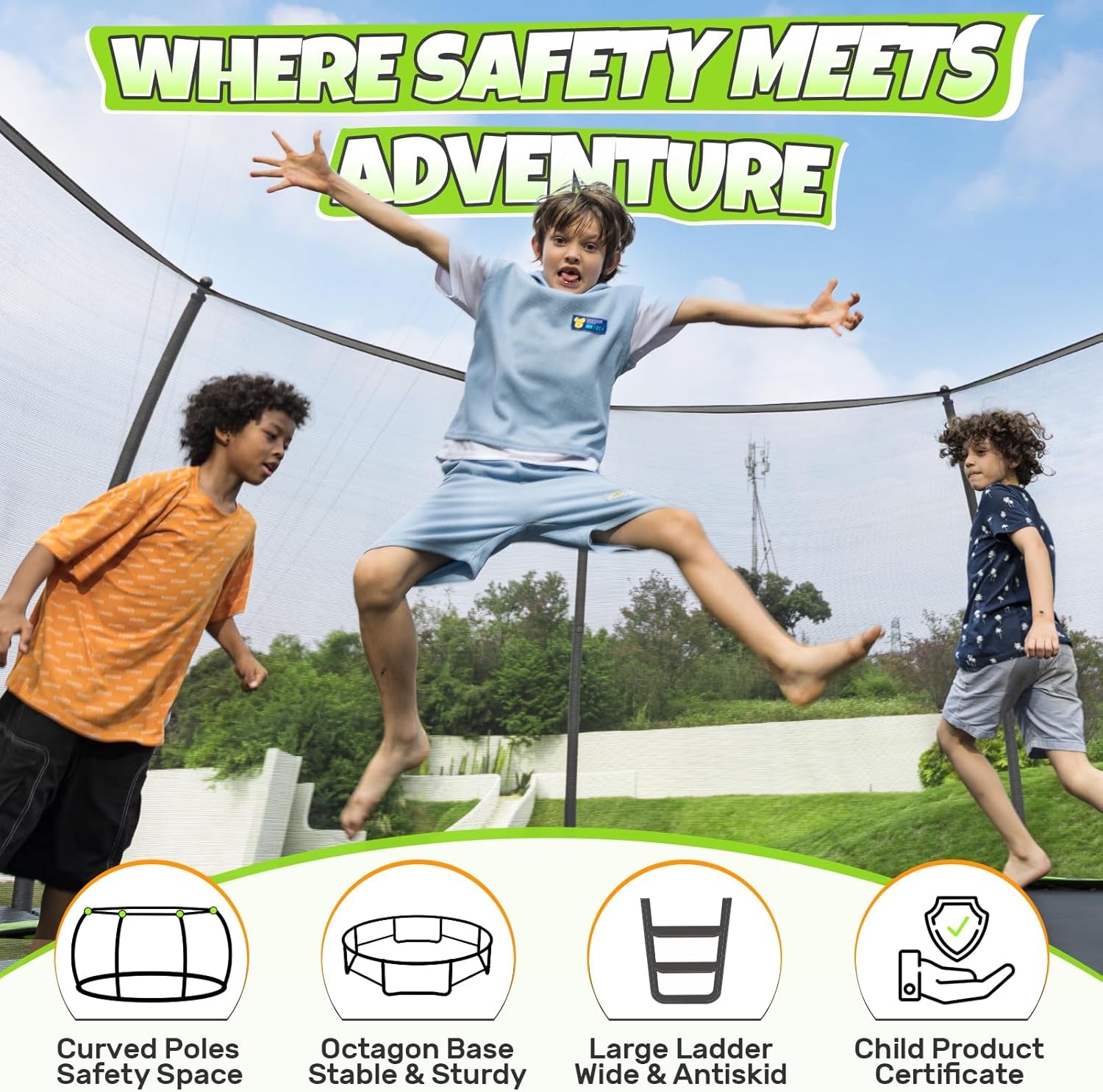 8FT 10FT 12FT 14FT 15FT 16FT Recreational Trampoline with Enclosure for Kids Adults, ASTM Approved, Outdoor Trampolines with Ladder for Kids
