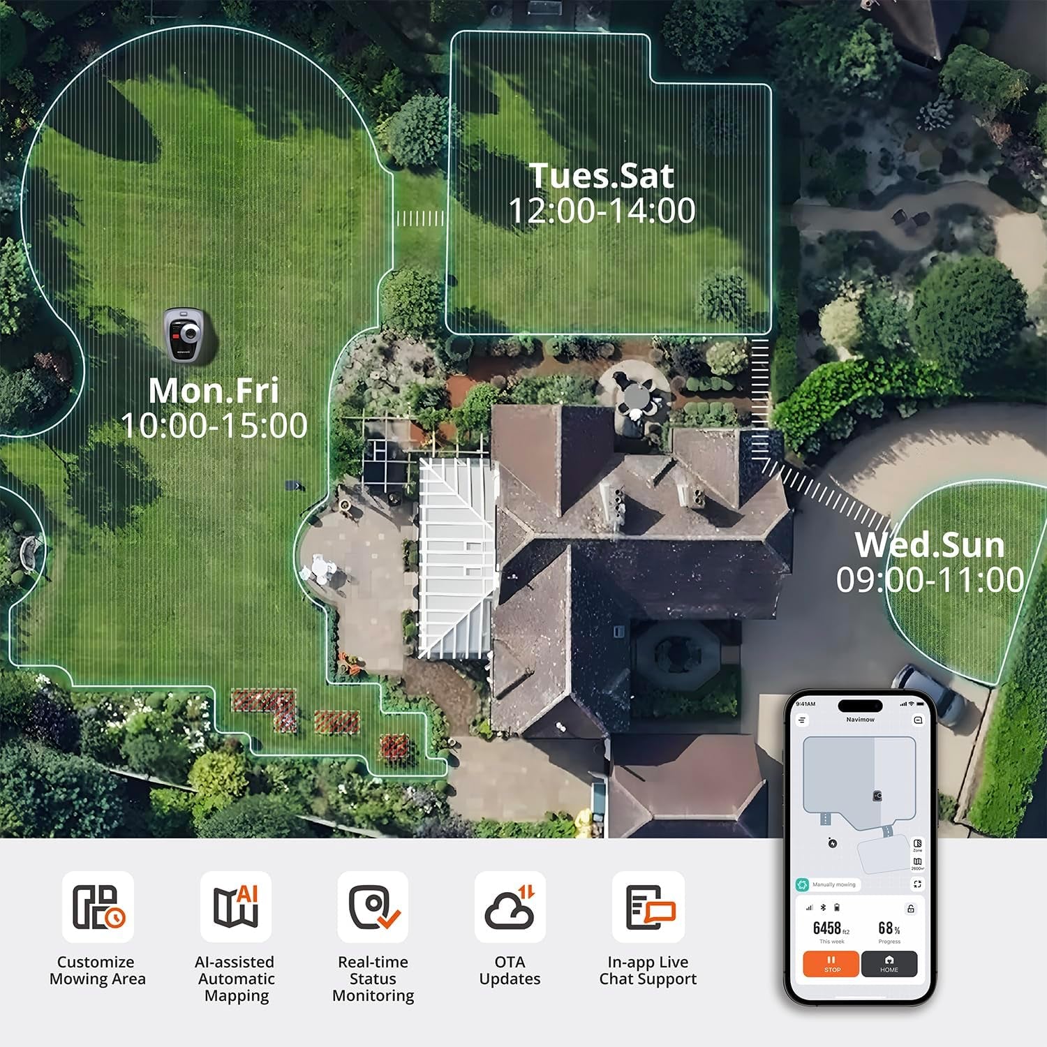Segway I105N Robot Lawn Mower Perimeter Wire Free 1/8 Acre Rtk+Vision Robotic Lawnmower, Ai-Assisted Mapping, Virtual Boundary, APP Control, 58Db(A) Quiet, Multi-Zone Management