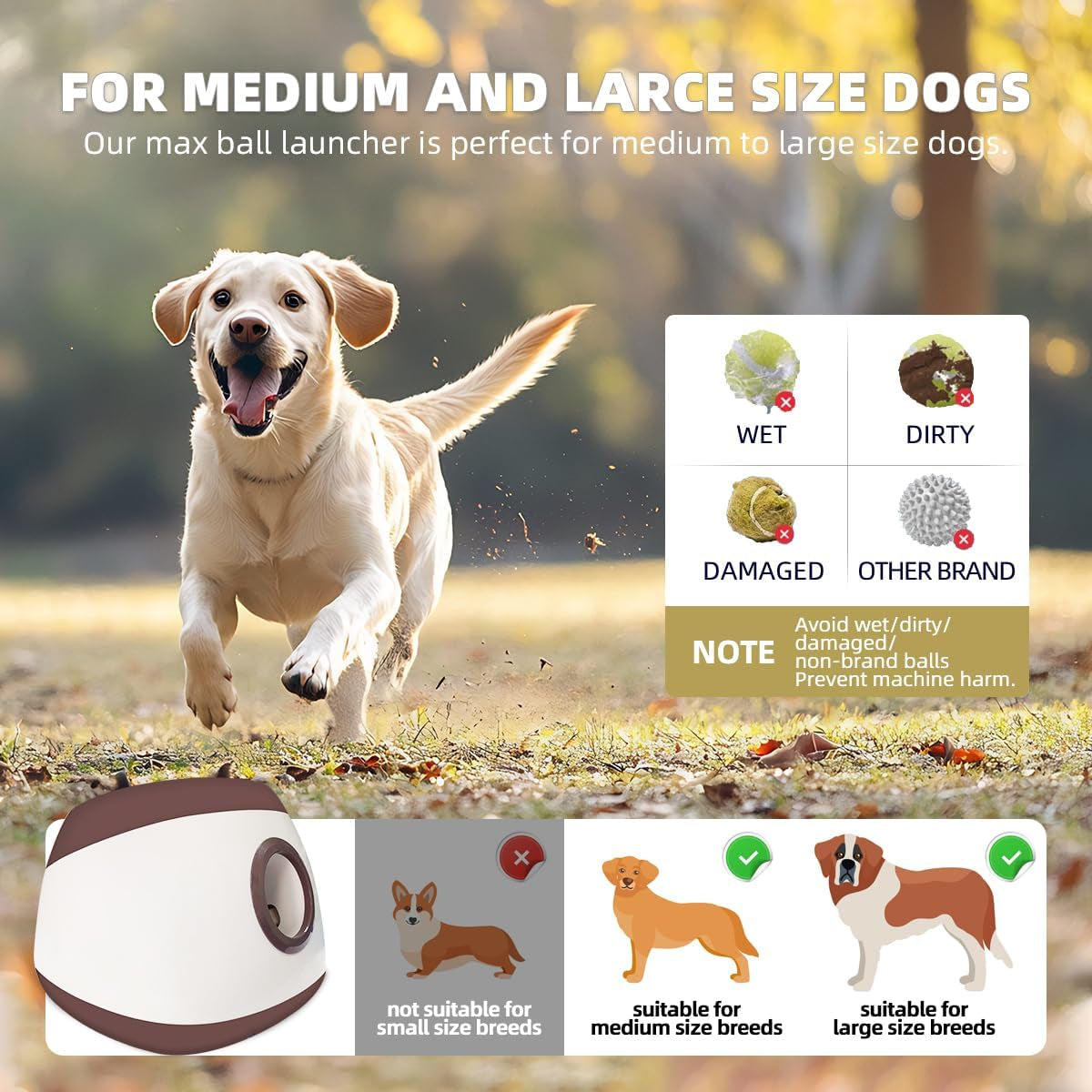 Autodog Ball Launcher - Large Silent Dog Ball Thrower with Remote Control, 3 Adjustable Distances (40T/60Ft/80Ft), Rechargable,Includes 6 Durable 2.5" Balls for Medium/Large Dogs