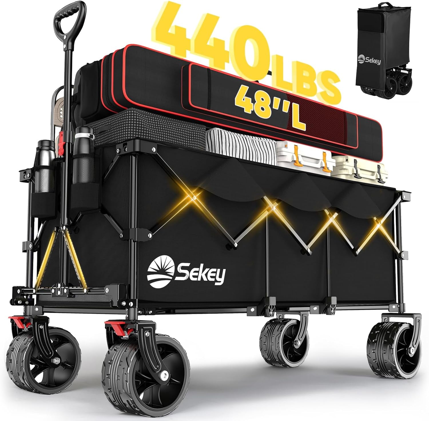 48''L Collapsible Foldable Extended Wagon with 440Lbs Weight Capacity, Heavy Duty 300L Folding Utility Garden Cart with Big All-Terrain Beach Wheels & Drink Holders. Black