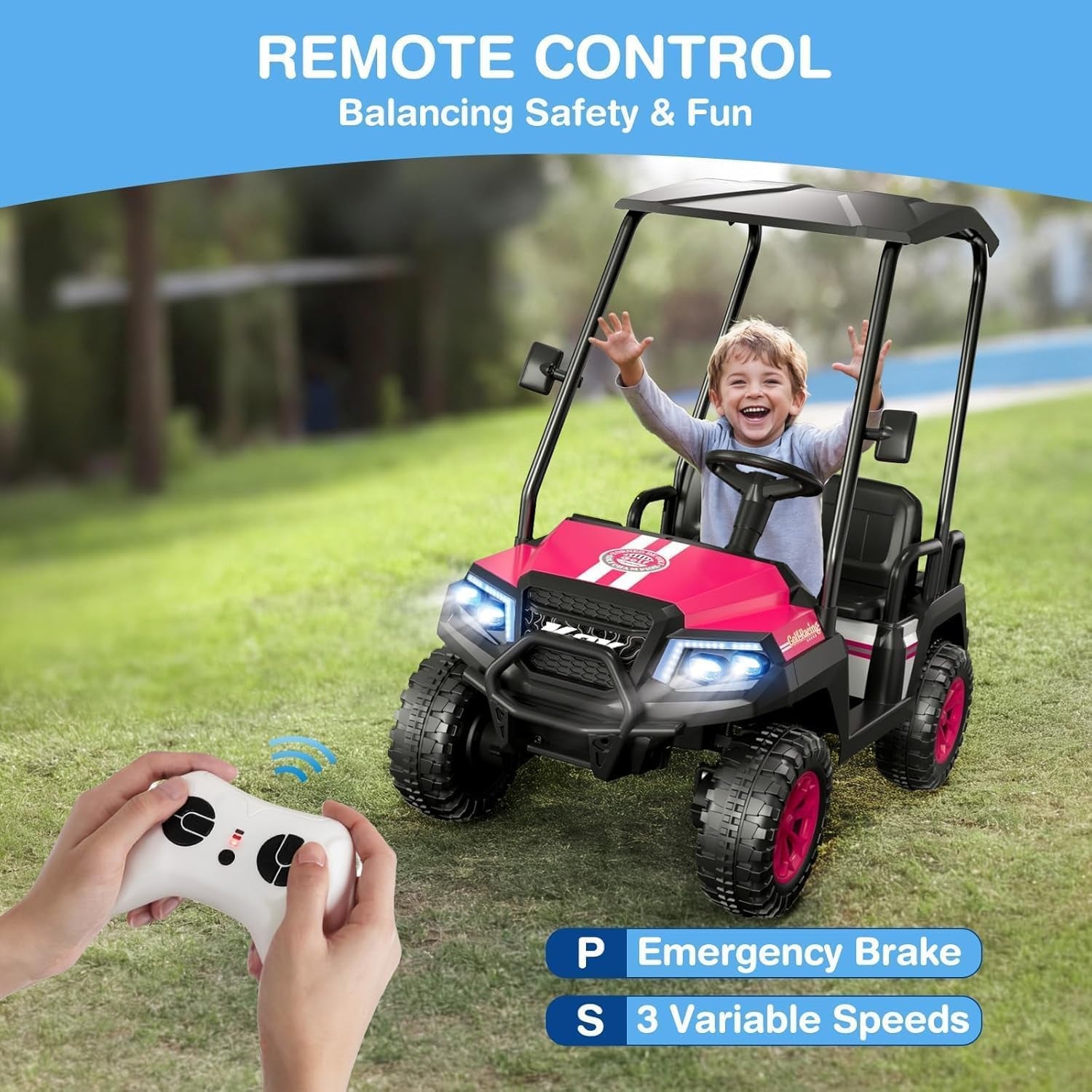 R9 24V Kids Golf Cart, 4 Seats, 4WD Kids Electric Car W/Remote Control, Detachable Awning, Spring Suspension, Multimedia Functions Including Music, Story, Wireless Connection, Horn, Power Display