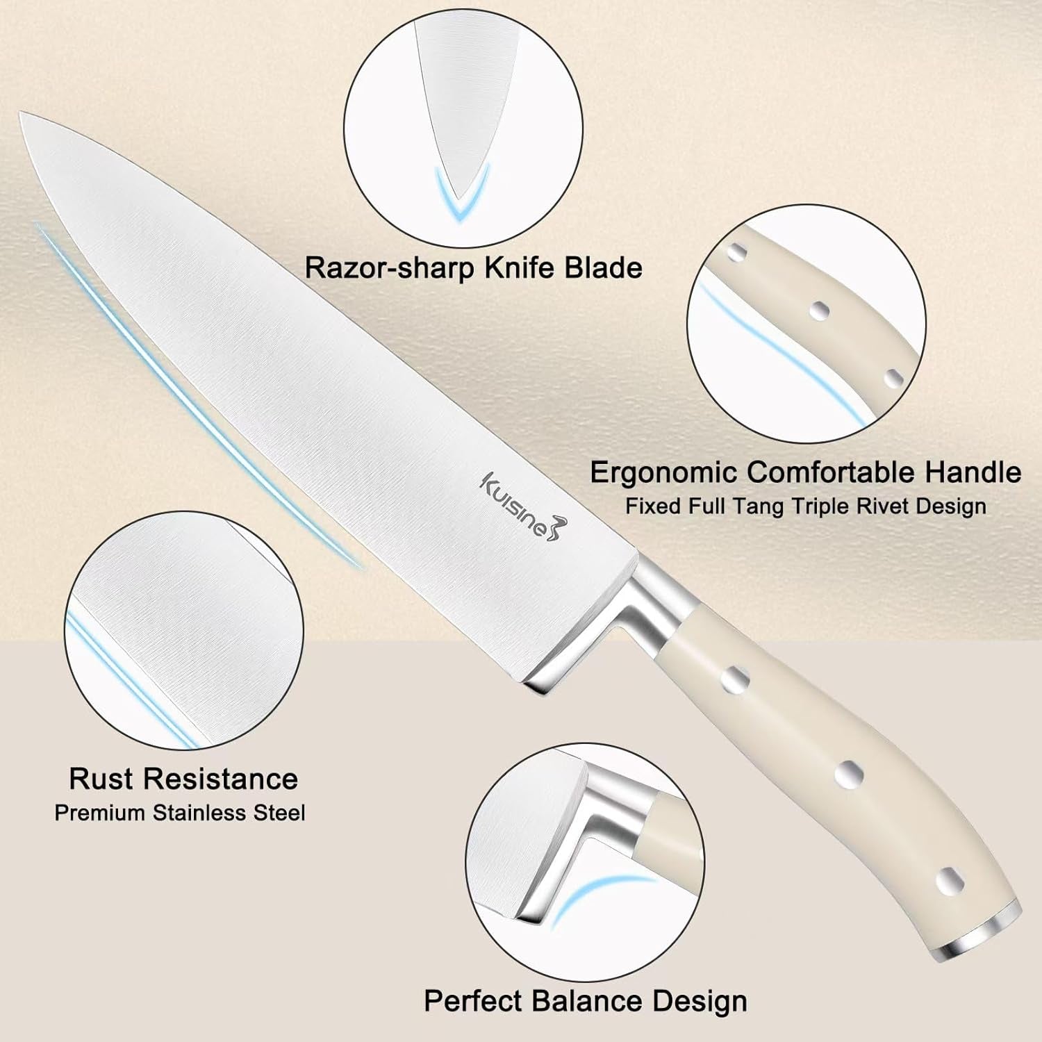 Chef Knife Set,High Carbon Stainless Steel Sharp Knife Set Ergonomic Handle,Kitchen Knife Block Set with Built-In Sharpener(Ivory Pro,15Pcs)