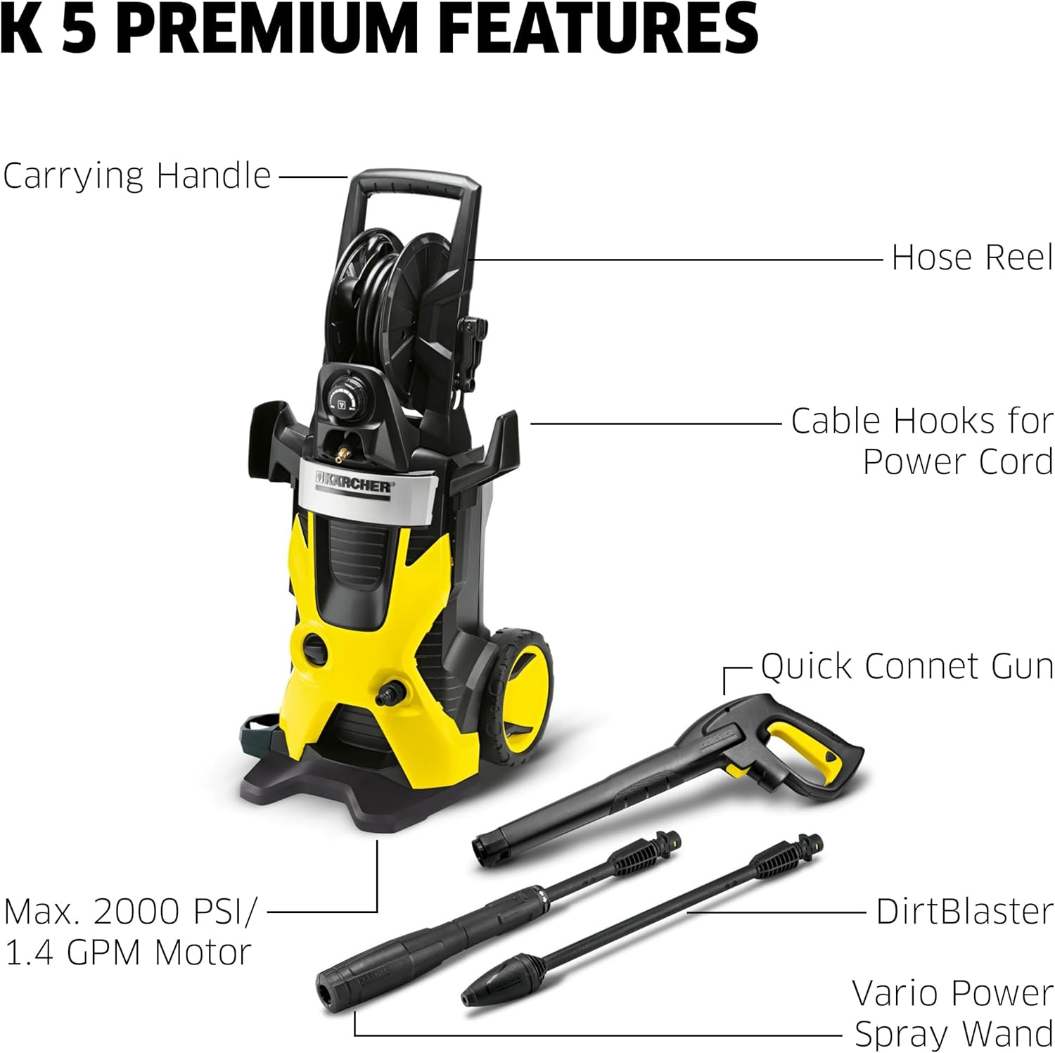 K5 Premium, 1.4 GPM Pressure Washer with Hose Reel, Vario Power & Dirtblaster Wands - 2000 PSI