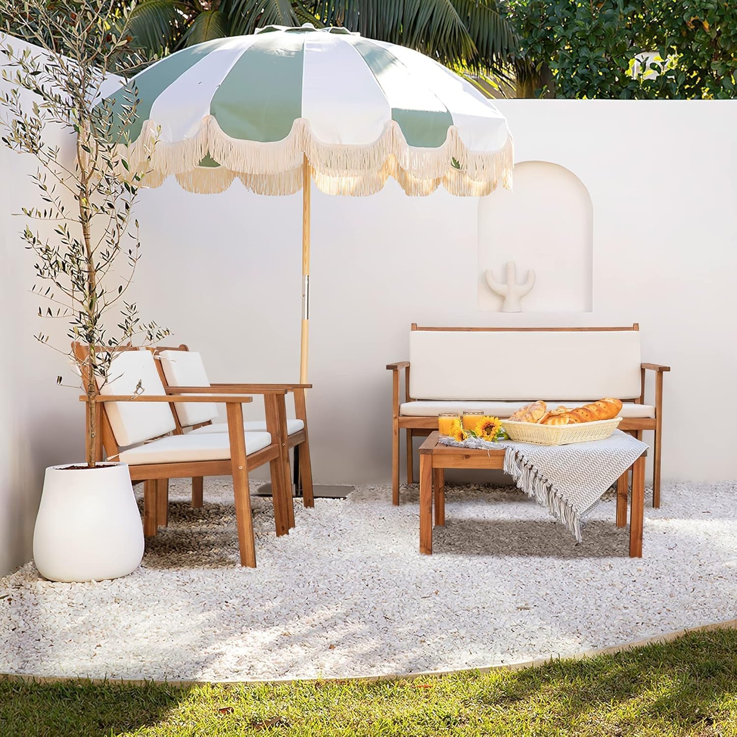 Patio Furniture 4 Piece Acacia Wood Outdoor Conversation Sofa Set with Table & Cushions Porch Chairs for Garden, Deck, Backyard, Natural