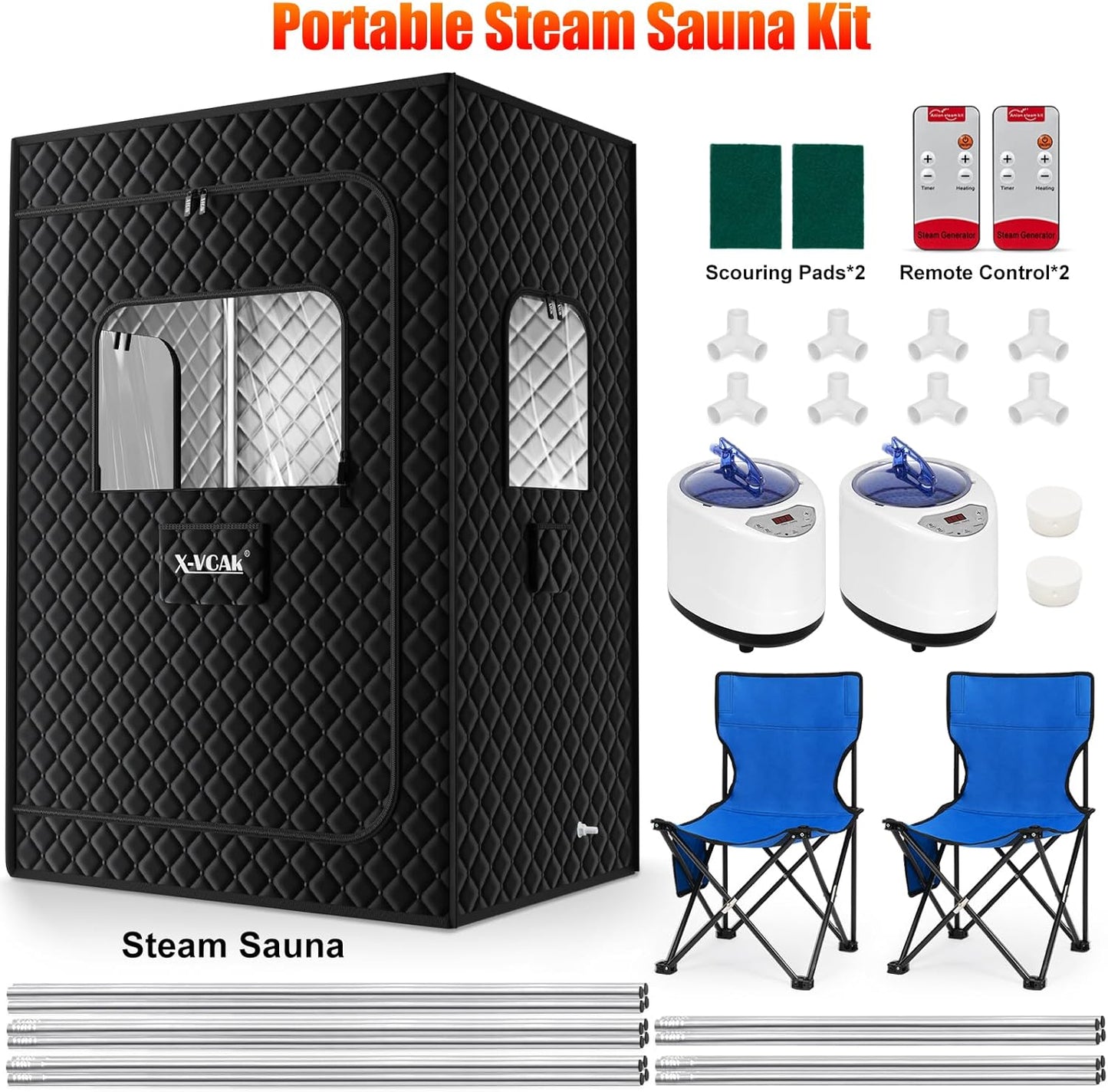 2 Person Sauna, Extra Large Sauna Box, Portable Steam Sauna Tent with 2 Steamers, 2 Folding Chair, 71”X 49”X 36”, Black