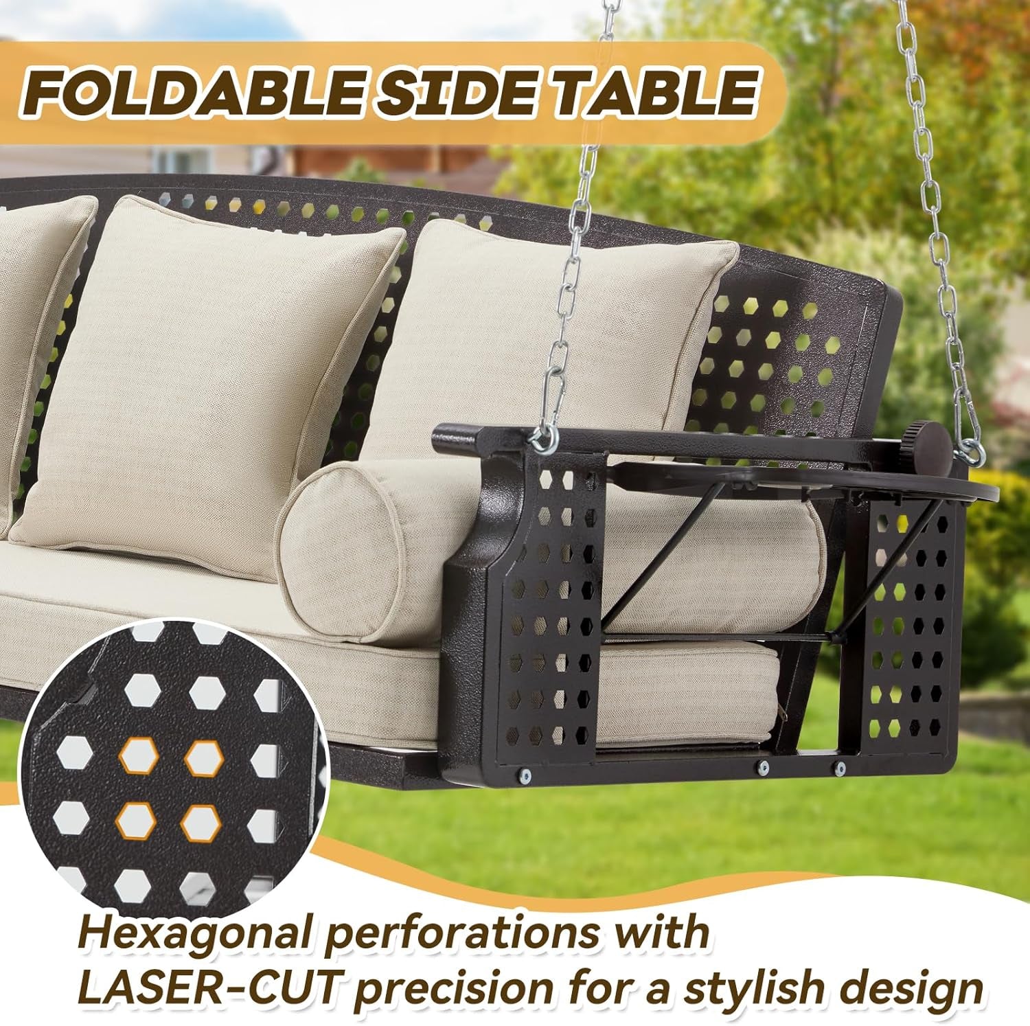 3 Seat Porch Swing, Patio Swing Bench with Cup Holders & 3 Back Cushions, Swing Chair with Chains for Deck Garden Backyard,Beige