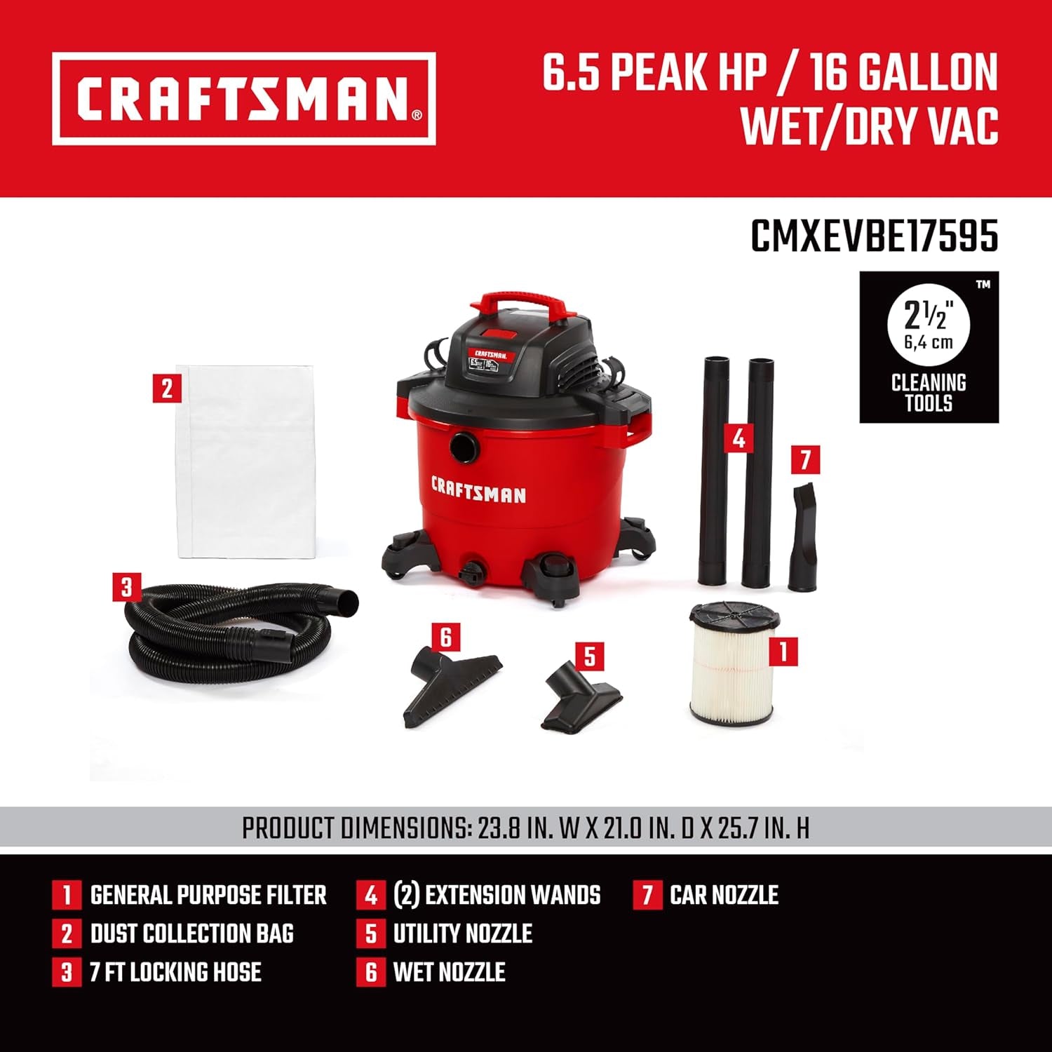 CMXEVBE17595 16 Gallon 6.5 Peak HP Wet Dry Vac, Heavy-Duty Shop Vacuum Wet and Dry with Filter, Dust Bag, Hose and Attachments for Home Projects & Renovations