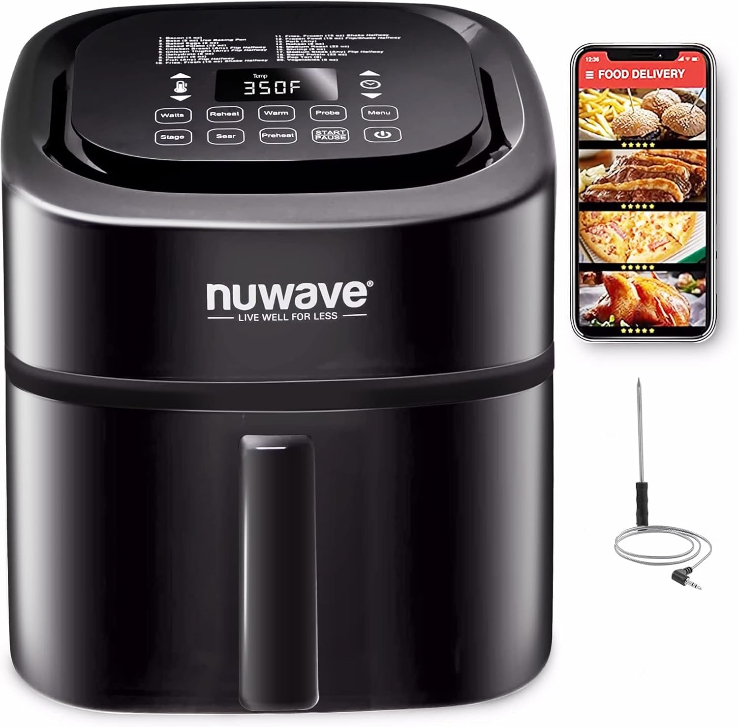 Brio 8-Qt Air Fryer, Powerful 1800W, Easy-To-Read Cool White Display, 50°-400°F Temp Controls, 100 Pre-Programmed Presets & 50 Memory Slots, Integrated Smart Thermometer, Linear T Technology