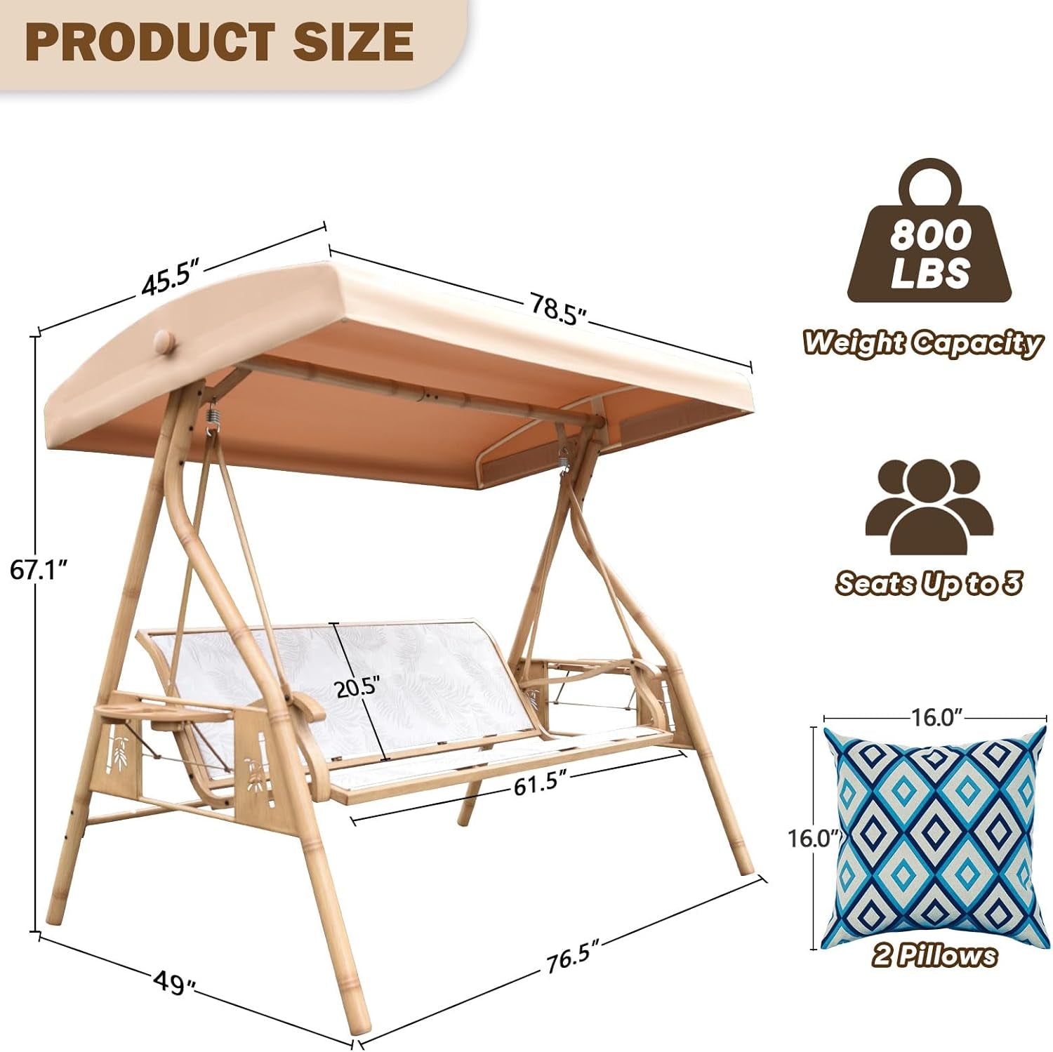 3 Person Patio Swing Outdoor Swing for Adults with Adjustable Canopy &Upgraded Cup Holders Textilene Fabric Porch Swing Chair with Stand Heavy Duty 800 LBS
