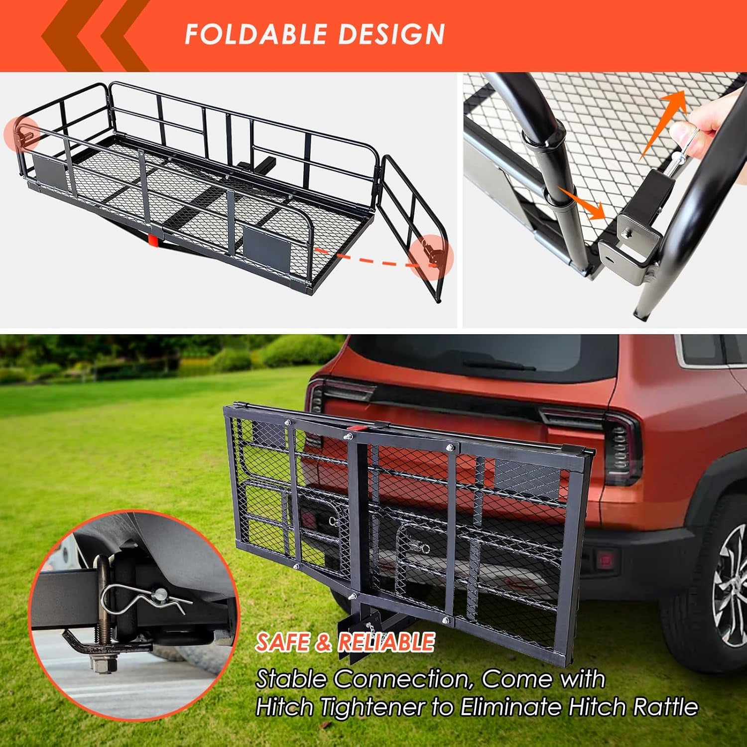 High Rail Trailer Folding Hitch Mount Cargo Carrier Basket 60" X 24" X 14"+Waterproof Cargo Bag 20 Cu Ft(59" 24" 24"), Capacity of 500 Lbs with Hitch Stabilizer, Net, Lock and Straps