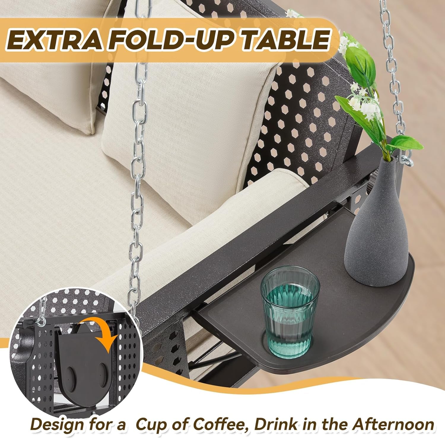 3 Seat Porch Swing, Patio Swing Bench with Cup Holders & 3 Back Cushions, Swing Chair with Chains for Deck Garden Backyard,Beige