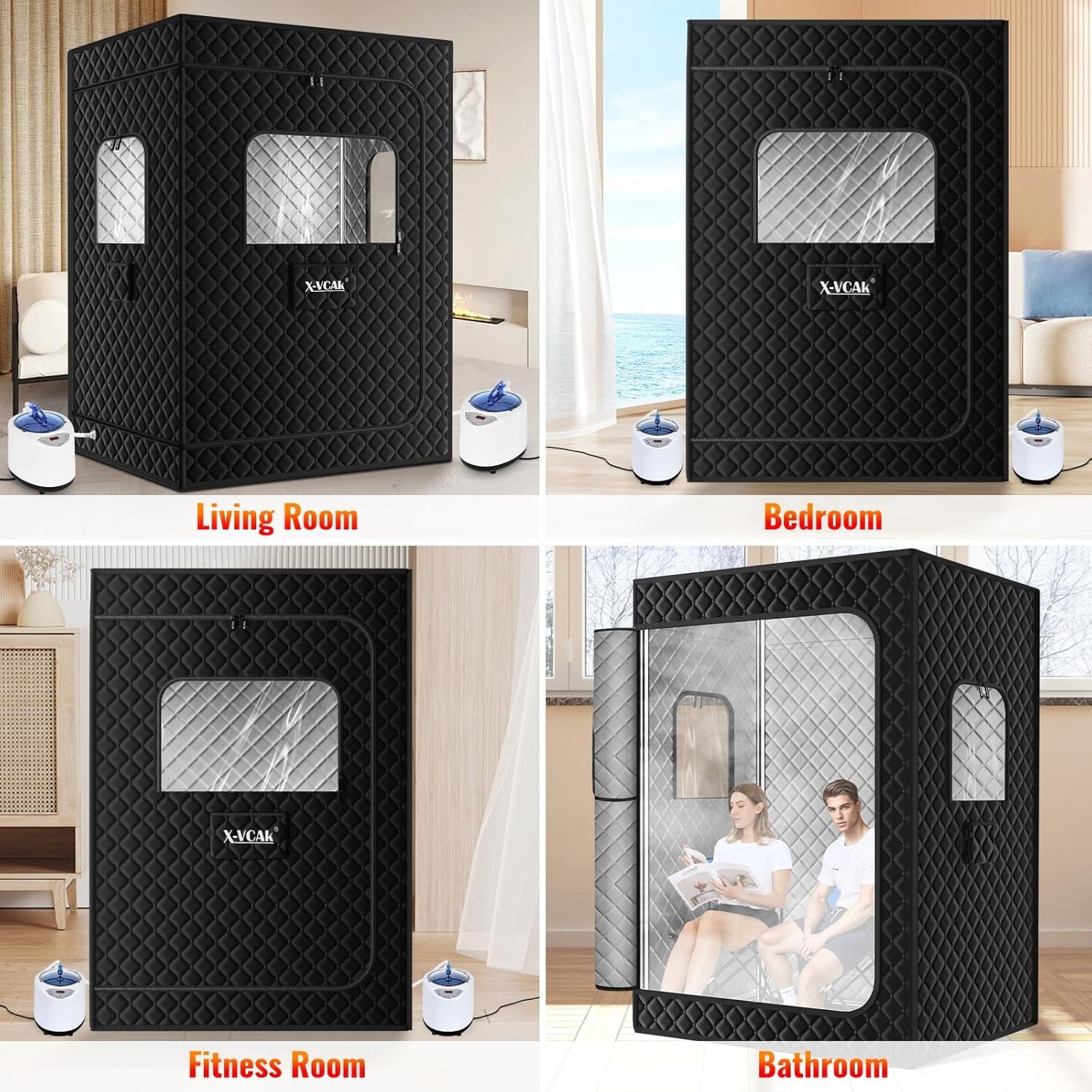 2 Person Sauna, Extra Large Sauna Box, Portable Steam Sauna Tent with 2 Steamers, 2 Folding Chair, 71”X 49”X 36”, Black