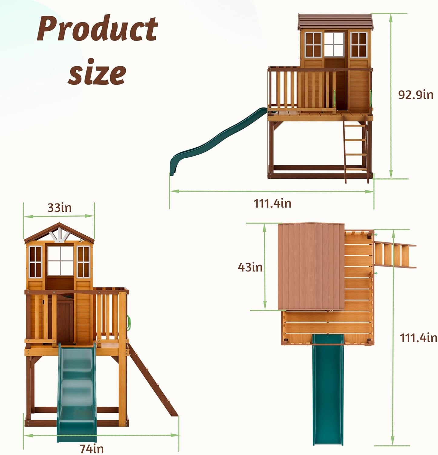 Kids Outdoor Playhouse, Cedar Wooden Outdoor Play House with Growth Chart,Interactive Play Kitchen,Wave Slide,Installation Manual and Videos Included
