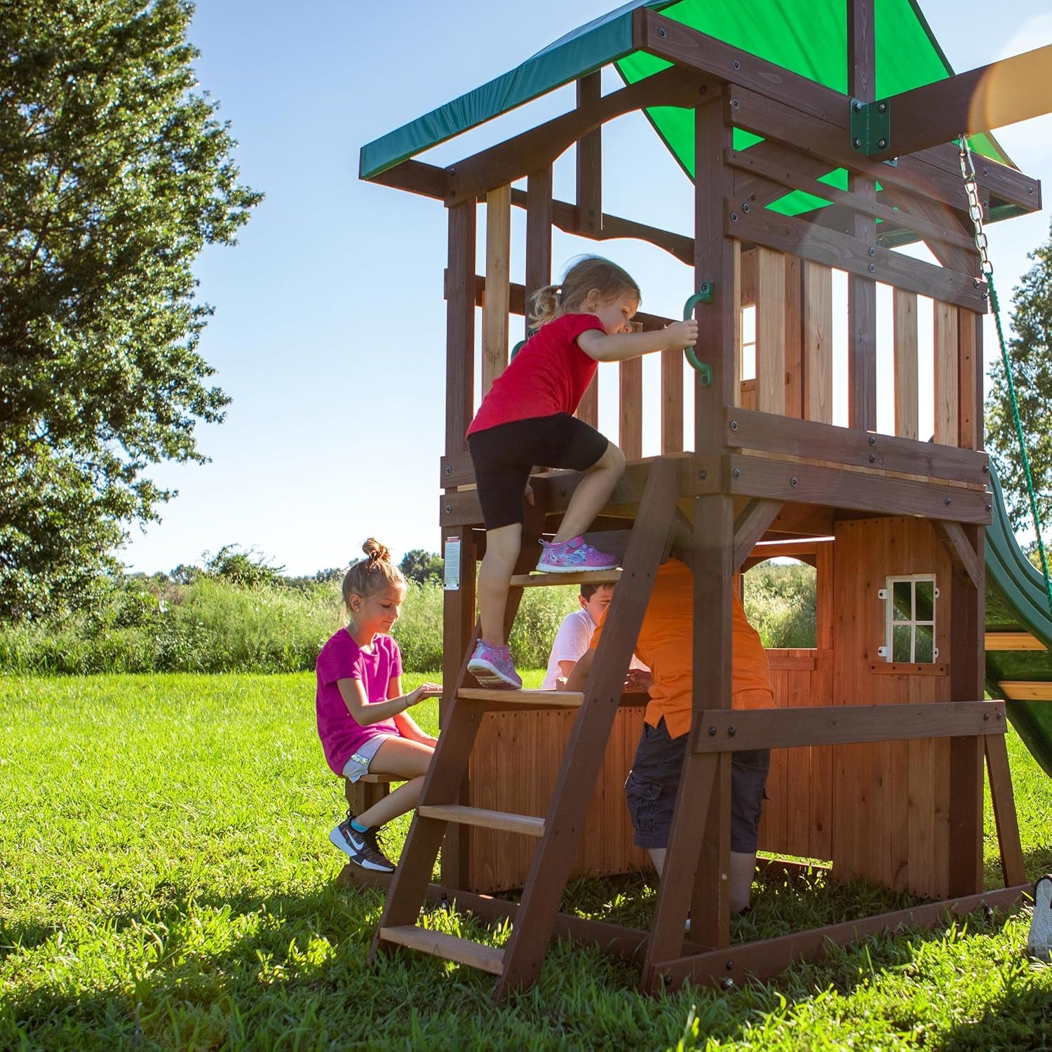Lakewood Cedar Wood Swing Set with Wave Slide, Clubhouse, Playhouse, Snack Bar Window, Picnic Area, Belt Swings, Trapeze, Full Front Door, Windows, Step Ladder, Outdoor Playset