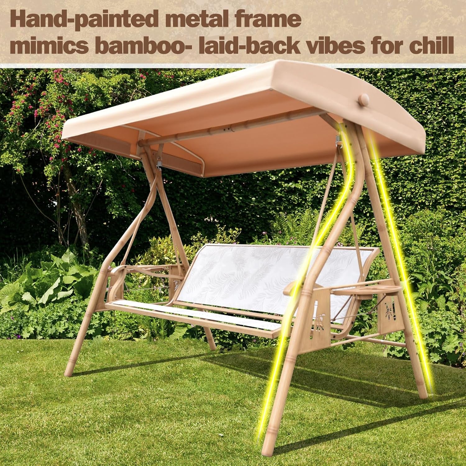 3 Person Patio Swing Outdoor Swing for Adults with Adjustable Canopy &Upgraded Cup Holders Textilene Fabric Porch Swing Chair with Stand Heavy Duty 800 LBS