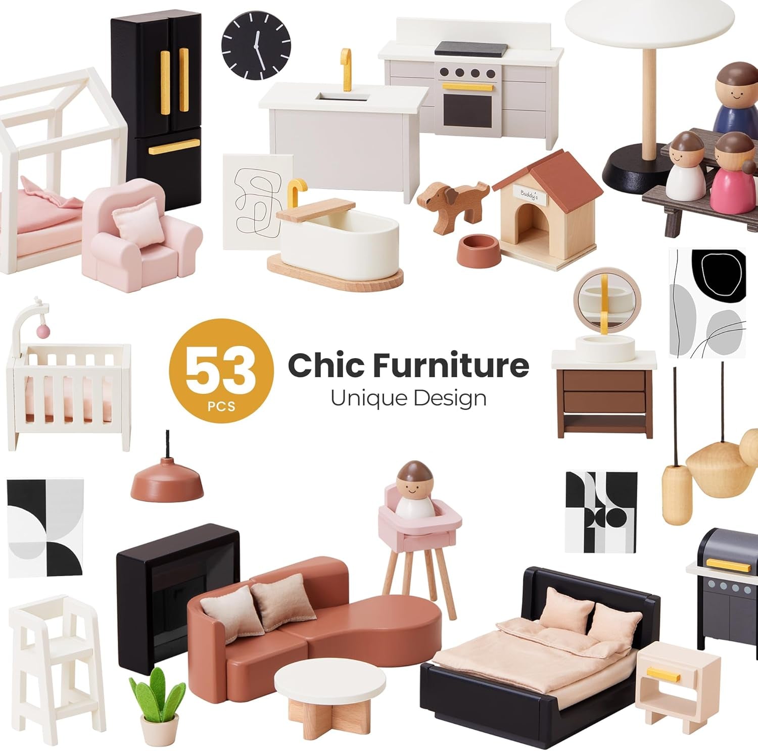 Doll House, Modern Family Dollhouse with Realistic Design, Wooden Dollhouse with 53Pcs Furniture - Ideal Gift for Kids Ages 3+