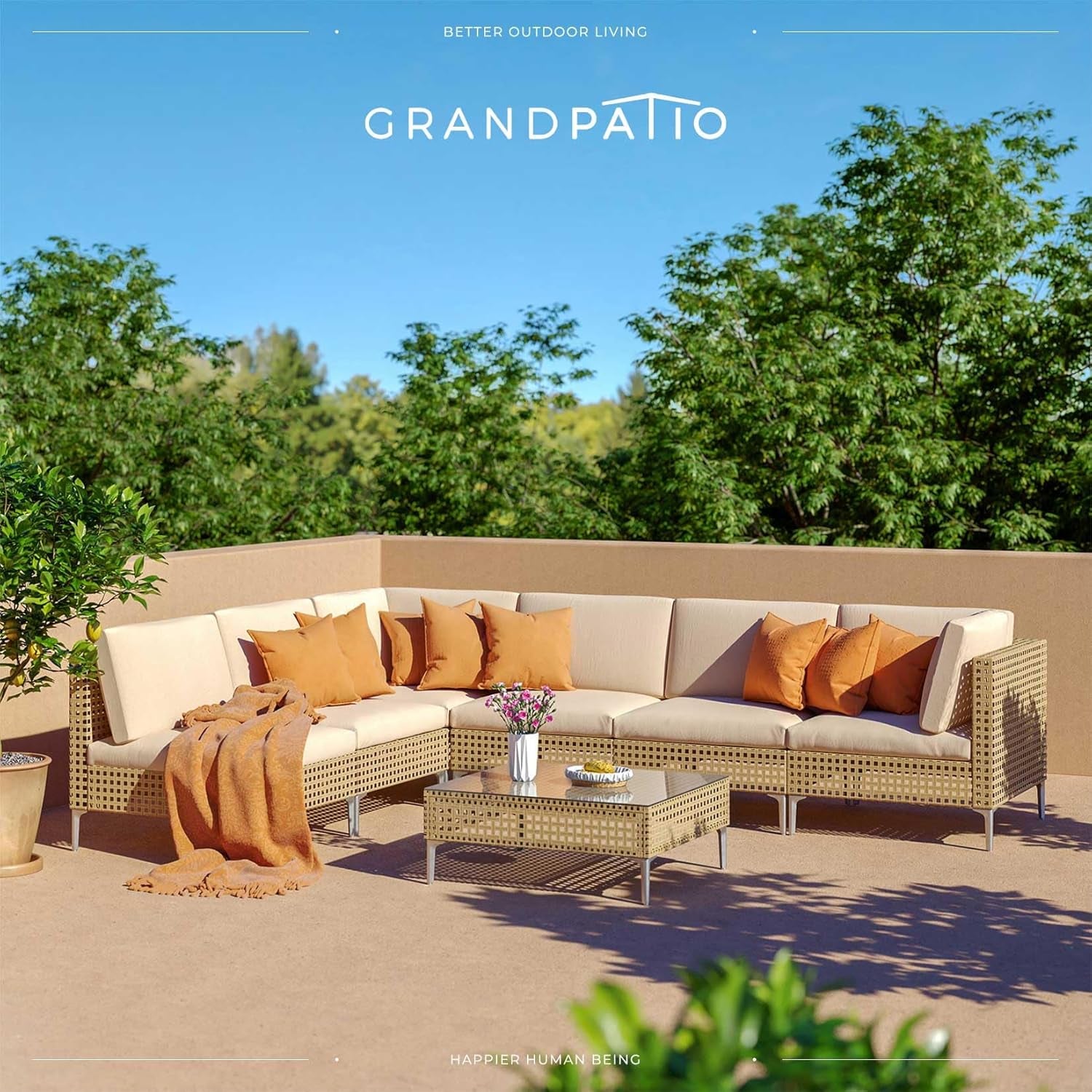7-Piece Wicker Patio Furniture Set, Boho Outdoor Conversation Set Sectional Sofa with Water Resistant Thick Cushions and Coffee Table, Cream