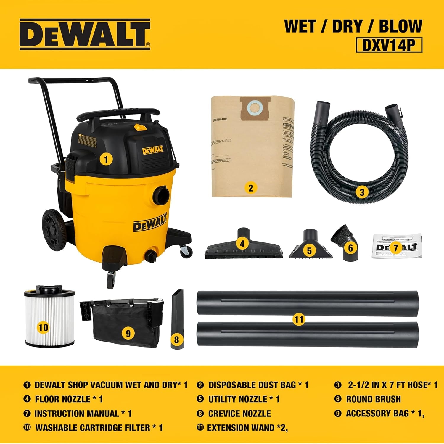 DXV14P Shop Vacuum Wet/Dry 14 Gallon, 6 HP Wet/Dry Vac with 110 CFM Powerful Scution, Yellow