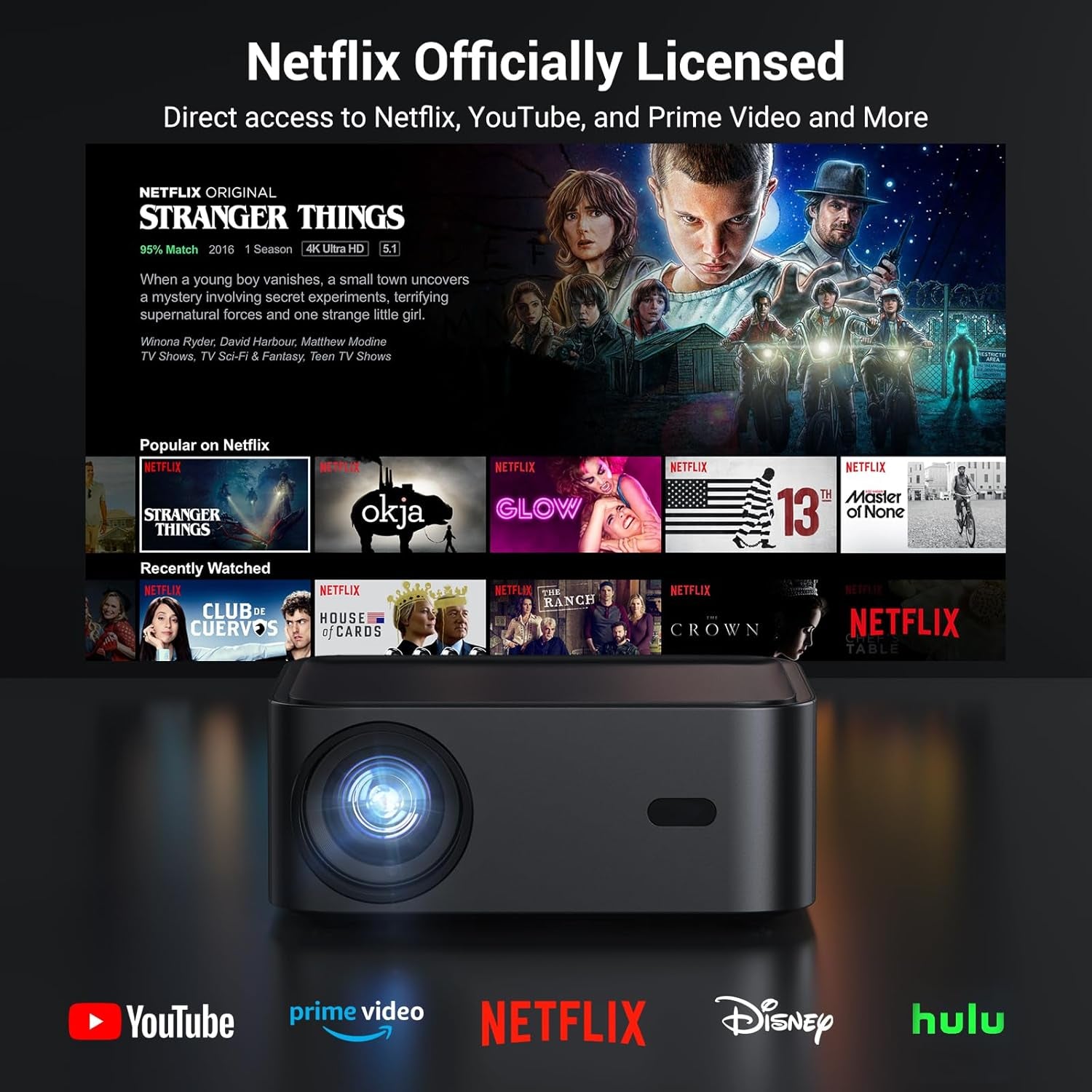 Official Licensed Netflix Smart Projector, Projector 4K with Wifi and Bluetooth, Doiby Audio, Built-In Apps, Native 1080P 1000ANSI, Electric Focus, Portable Projector for Home Cinema, Bedroom