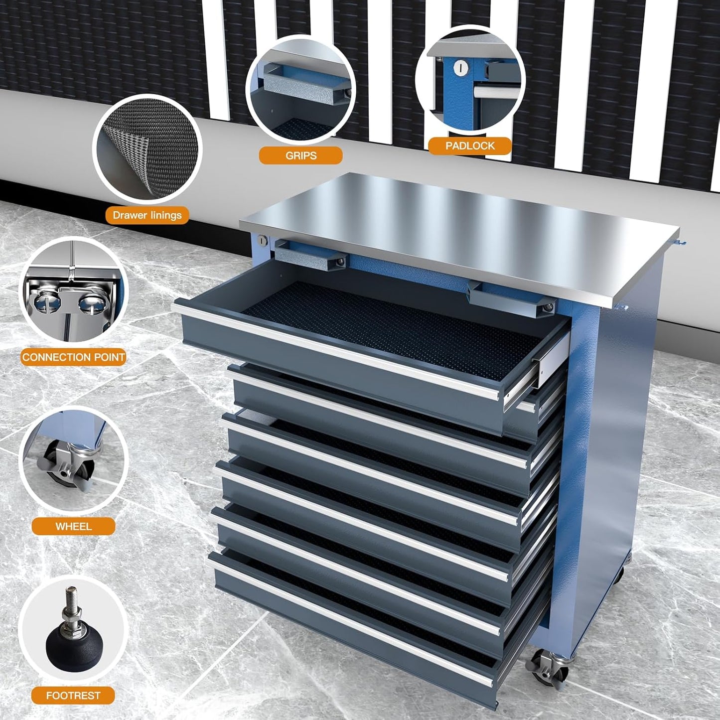Combination Tool Chest,3 Different Types Tool Cabinets with Stainless Countertop,5-Drawer/7-Drawer/8-Drawer Rolling Tool Chest with Connected Buckle,Tool Cabinet with Wheels and Foot Pad