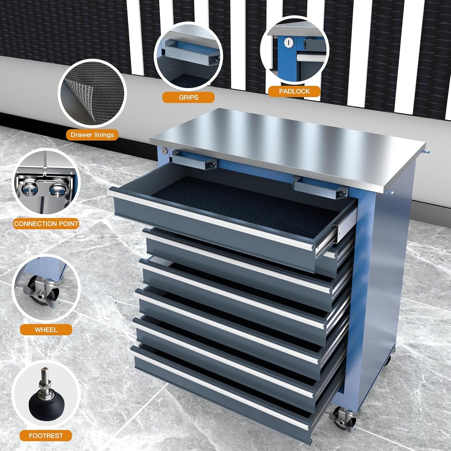Combination Tool Chest,3 Different Types Tool Cabinets with Stainless Countertop,5-Drawer/7-Drawer/8-Drawer Rolling Tool Chest with Connected Buckle,Tool Cabinet with Wheels and Foot Pad