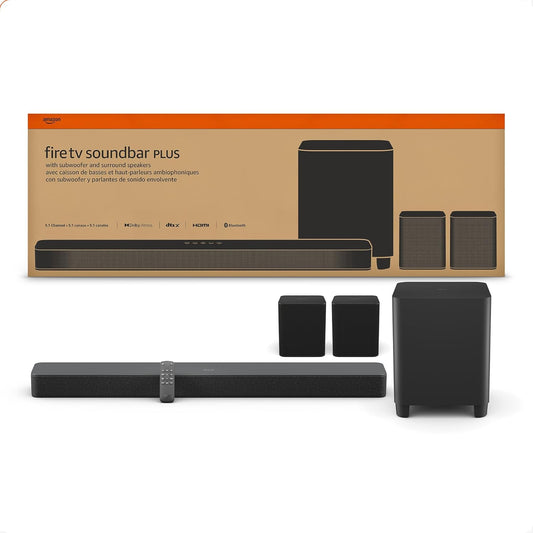 Fire TV Soundbar plus with Subwoofer and Surround Sound Speakers (Newest Model), 5.1 Channel, Dolby Atmos, Clear Dialogue