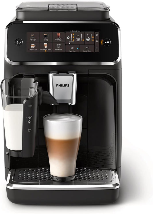 Series 3300 Fully Automatic Espresso Coffee Machine - 6 Hot & Iced Drinks, Lattego Milk System, 40% Quieter Silentbrew, Ceramic Grinder, Aquaclean Filter, Glossy Black (EP3341/50)
