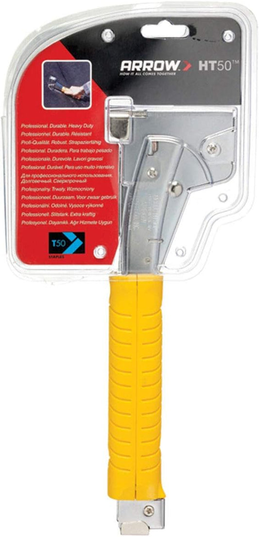 Arrow HT50 Heavy Duty Hammer Tacker, Chromed-Steel Manual Stapler with Sure-Grip Handle, Dual-Capacity Rear-Load Magazine, Fits 5/16”, 3/8", or 1/2" Staples