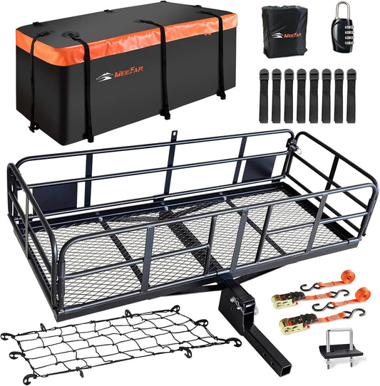 High Rail Trailer Folding Hitch Mount Cargo Carrier Basket 60" X 24" X 14"+Waterproof Cargo Bag 20 Cu Ft(59" 24" 24"), Capacity of 500 Lbs with Hitch Stabilizer, Net, Lock and Straps