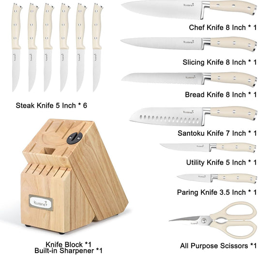 Chef Knife Set,High Carbon Stainless Steel Sharp Knife Set Ergonomic Handle,Kitchen Knife Block Set with Built-In Sharpener(Ivory Pro,15Pcs)