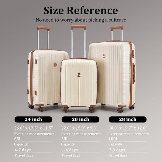 Luggage Sets 5 Piece PP Hardshell Carry on Suitcase, Travel Lightweight Carry-On with Double Spinner Wheels and TSA Lock, Beige Brown
