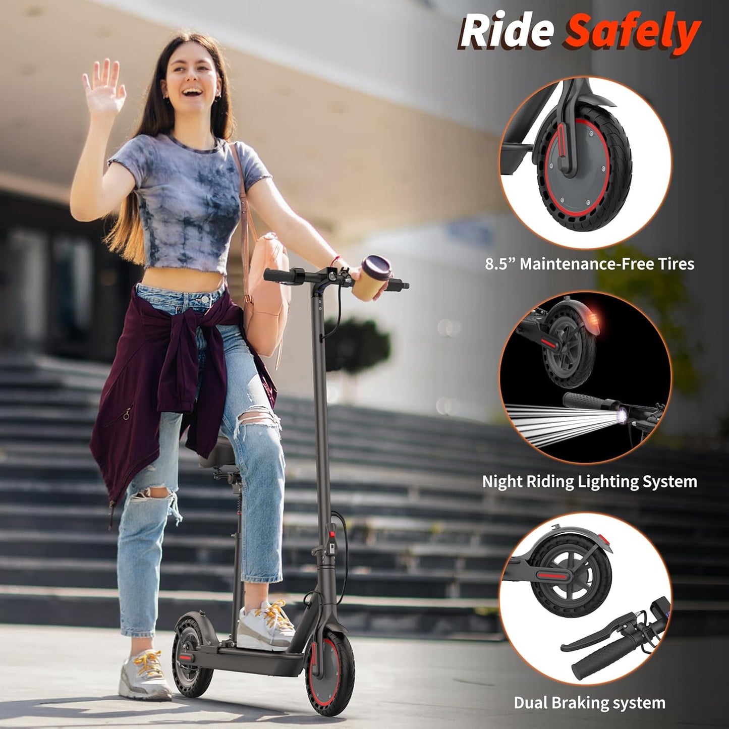 Electric Scooter with Seat for Adults - 19MPH & 21-Mile Range, 350W Motor, 8.5" Solid Tires with App Control & Dual Brake System - UL2272 Certified Folding Commuter E-Scooter for Adults