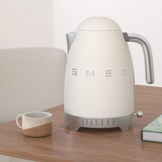 50'S Retro 7 Cup Stainless Steel Variable Temperature Electric Kettle with 7 Temperature Settings, Led Display, Swivel Base and Keep Warm Function Cream KLF04CRUS