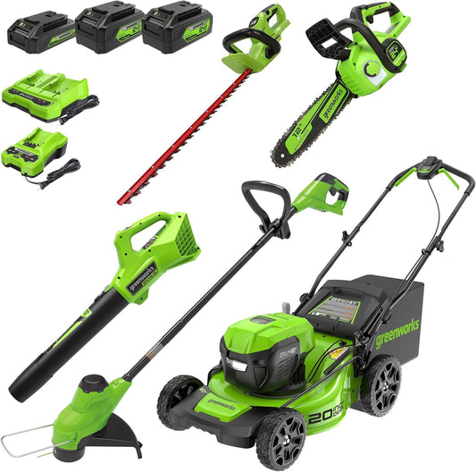 48V (2X24V) 5-Piece Garden Tool Set: 20" Push Mower, 12" String Trimmer, 320CFM Leaf Blower, 12" Chainsaw, 22" Hedge Trimmer - 3 Batteries, 2 Chargers, 3-Year Warranty