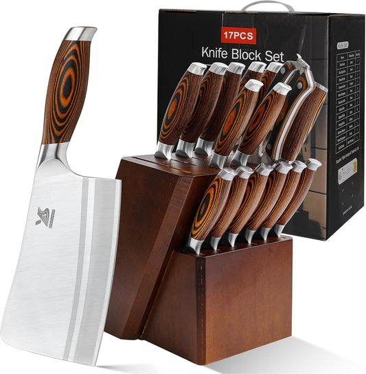 Knife Block Set 17-Piece Knife Set with Wooden Block - German Steel Perfect Cutlery Set Gift