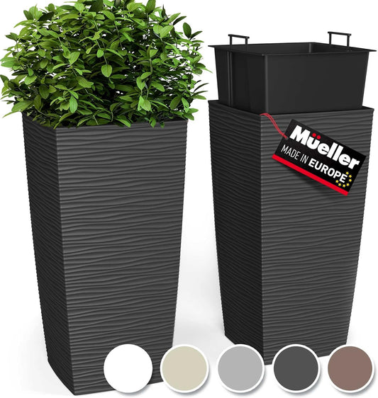 M-Resin Heavy Duty Tall Planters for Outdoor Plants, Indoor Grande Plant Pots, Boxes, Trees, Flower Pots, 2-Piece Set, 27.5”, Modern Design, Built-In Drainage, Front Porch Decor, Dark Grey