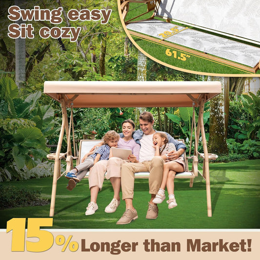 3 Person Patio Swing Outdoor Swing for Adults with Adjustable Canopy &Upgraded Cup Holders Textilene Fabric Porch Swing Chair with Stand Heavy Duty 800 LBS