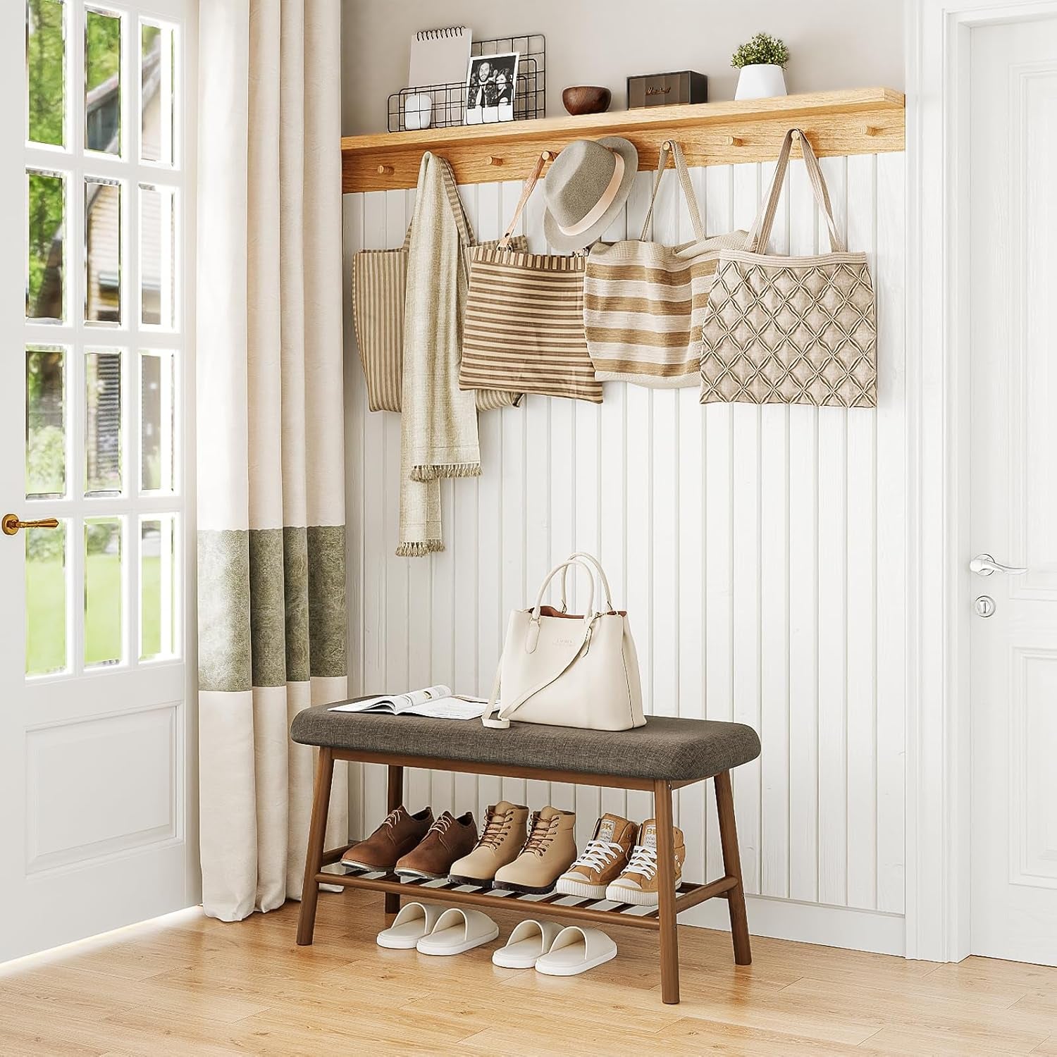 Shoe Rack Bench for Entryway 2-Tier Bamboo Bench Storage with Cushion Storage Benches for Bedroom Living Room Indoor(Brown)