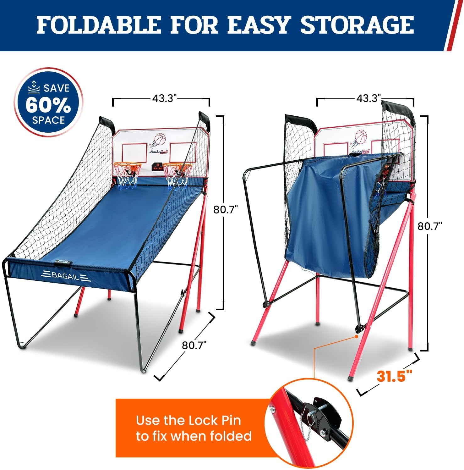 Basketball Arcade Game, Electronic Basketball Shooting Game with 8 Game Modes, Arcade Sounds, Foldable Frame, 4 Balls, Inflation Pump, Ideal Indoor Sport Games for All Players - Dual Shots