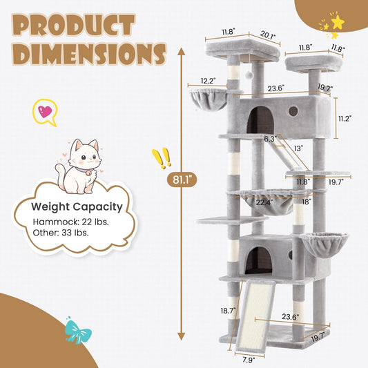 81In Multi-Level Tall Cat Tree Tower for Indoor Kitties/Larger Cat Condo Furniture with Hammock/Cozy Pussycat Perches/Sisal Scratching Posts/Pet House/Wide Base/Grey