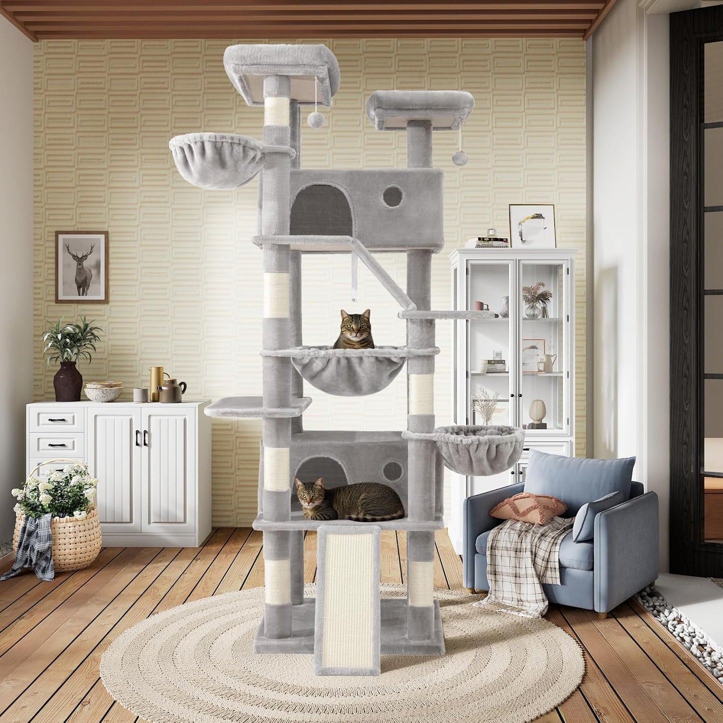 81In Multi-Level Tall Cat Tree Tower for Indoor Kitties/Larger Cat Condo Furniture with Hammock/Cozy Pussycat Perches/Sisal Scratching Posts/Pet House/Wide Base/Grey